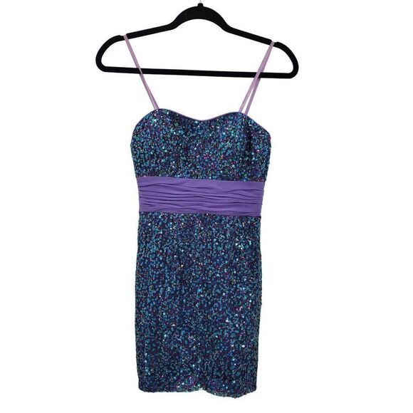 Hailey Logan Dress Mermaid Fairycore Netted Sequin Fit Flare Mini Purple 3/4 - Picture 3 of 13